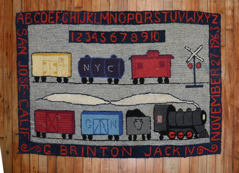 Vintage American Hook Hooked Pictorial Dated Train Rug Size 2'10''x4'4''