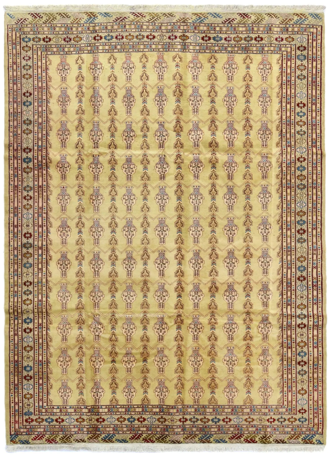 Beige One of a Kind Tribal Design Wool Handmade Farmhouse Oriental Carpet 7X9 ft gallery