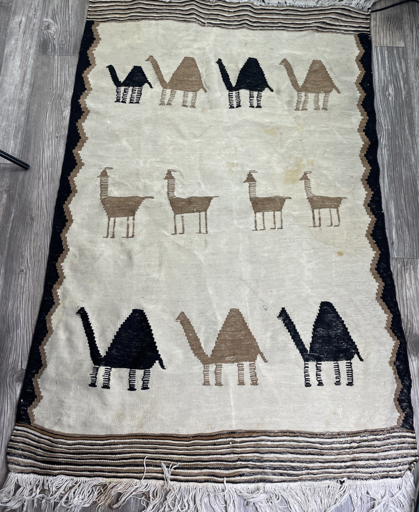 Vtg Handmade Tribal Qashqai Kilim Wool Woven Rug with Fringe Flaws 3x5