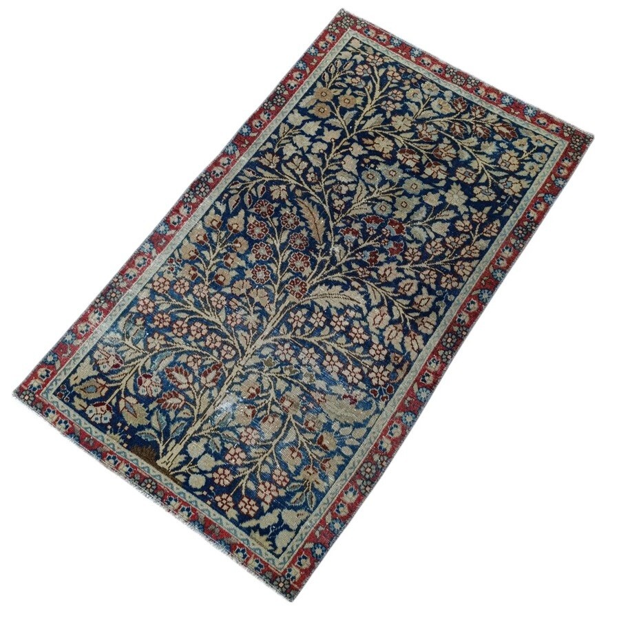 Antique Persian Floral Rug – Tree of Life Design – 2.4 x 4 ft – Red & Blue