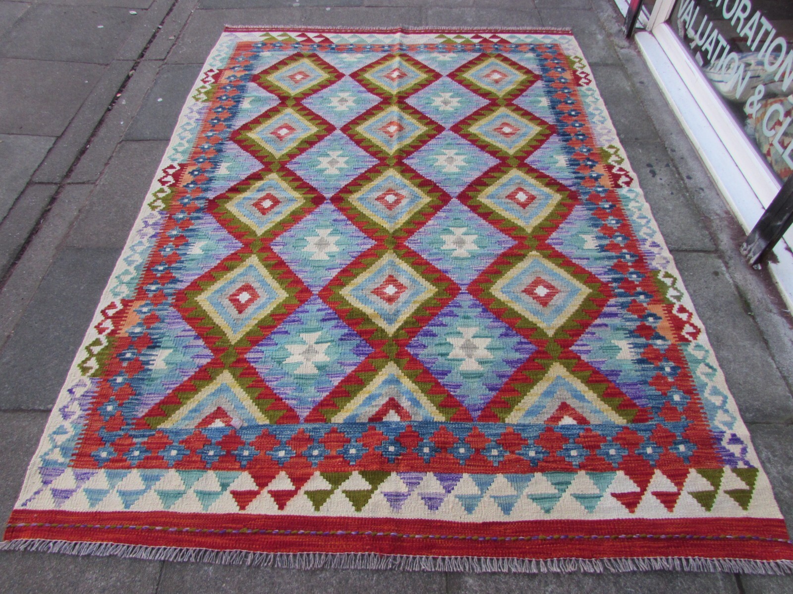 Kilim Vintage Traditional Hand Made Oriental Blue Red Wool Kilim 245x173cm gallery