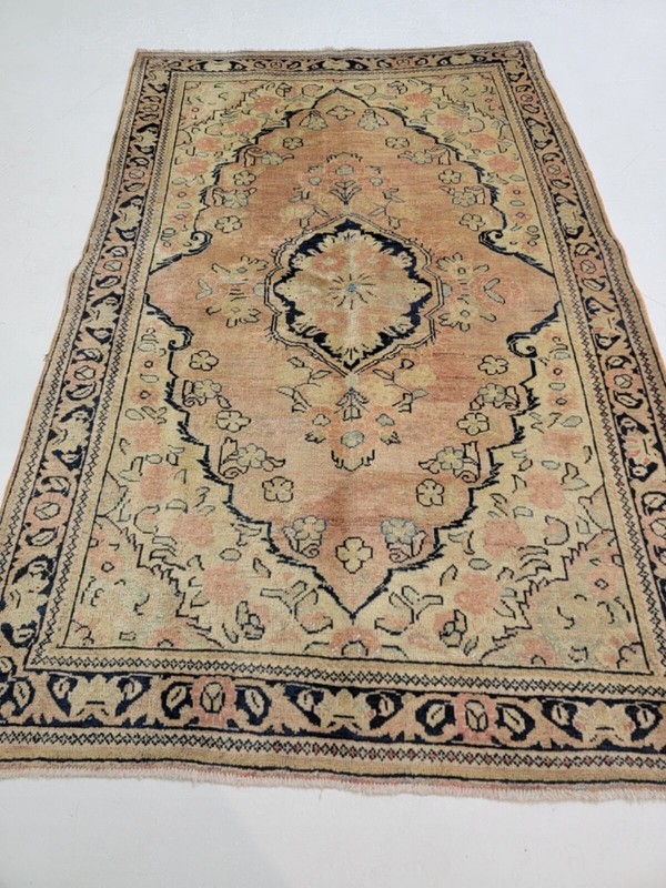 Antique Oriental Hand-Knotted Wool Area Rug Ivory/Terracotta/Blue 4'3" x 6'5" gallery