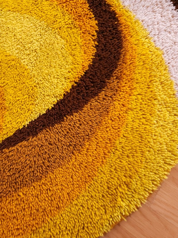 DESSO round shag Rug dralon wool Waves yellow brown vintage Mid Century 60s 70s gallery