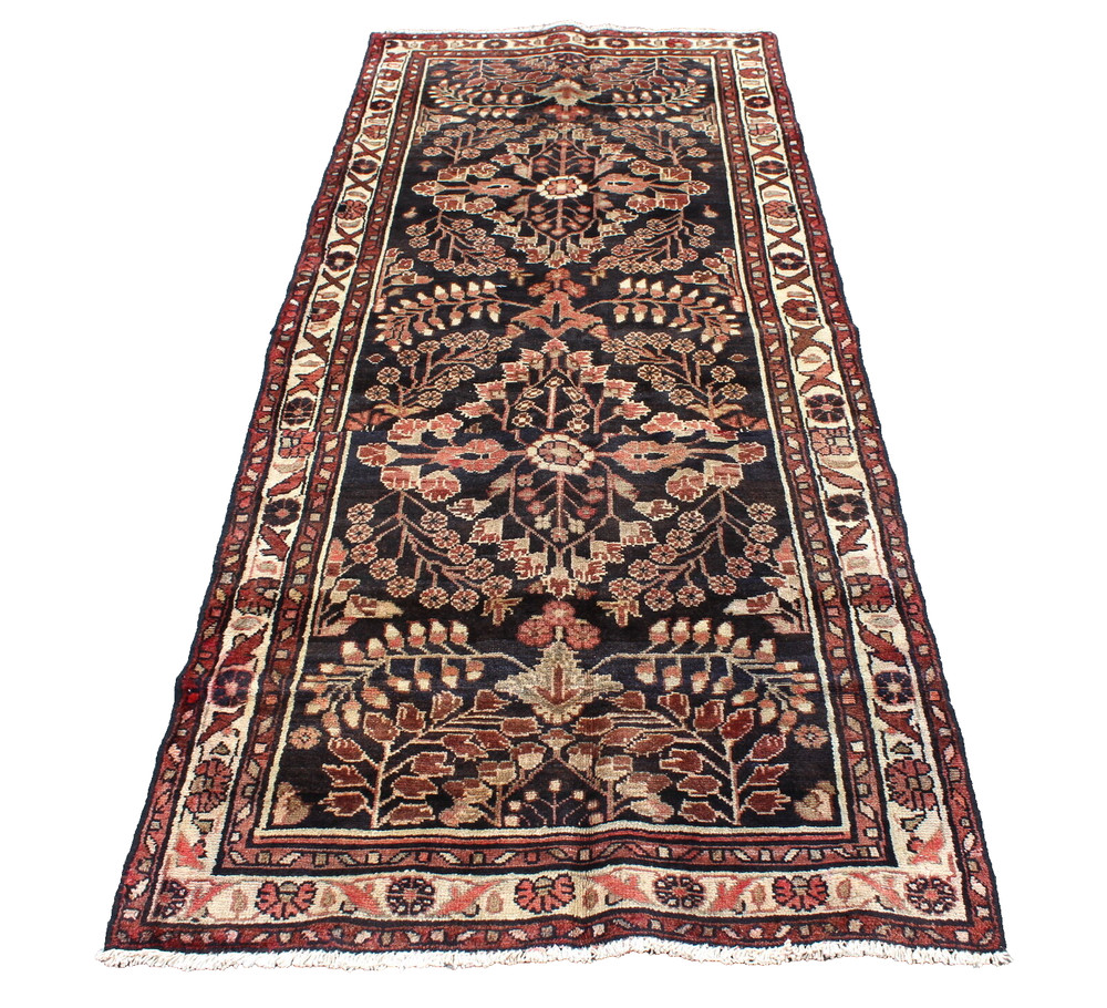 Oriental Leaves Vintage Afghan 3' 3" x 8' 3" Black Handmade Area Rug