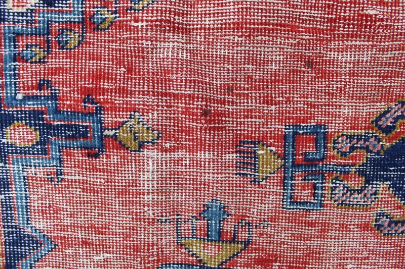 Vintage Worn Fragment Hand Made Traditional Oriental Wool Red Blue Rug 201x110cm gallery