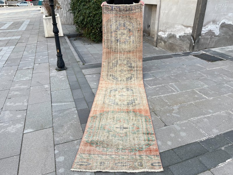 Vintage Oushak Runner 2.4x10.8 ft Antique Turkish Faded Pastel Hallway Rug gallery