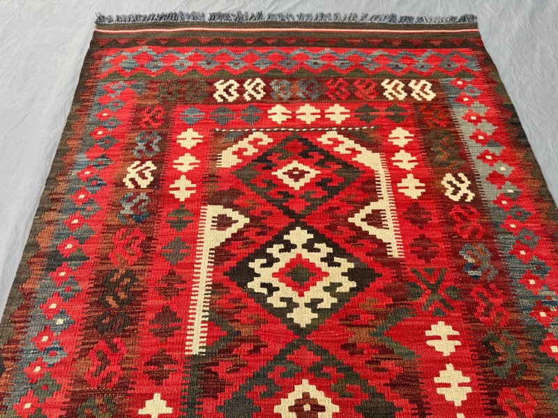 Vintage Afghan Kilim Rug, Handwoven Flat Weave Red Green Tribal Geometric Rug gallery