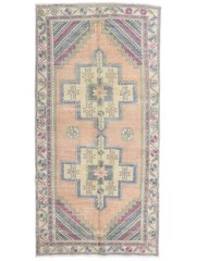 Vintage Turkish Geometric Faded Large Runner 4×8 feet Hand Knotted Oushak Carpet