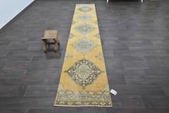 Vintage Turkish Runner Rug 2x13ft Wool Anatolian Handmade Hallway Oushak YELLOW