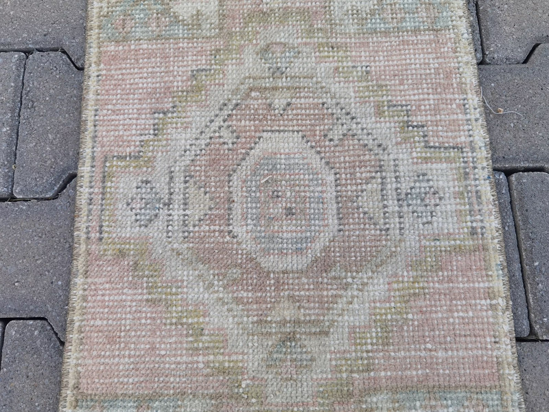 Muted Pink Oushak Wool Rug 16"x35" Small Vintage Runner Blush Cream Green gallery