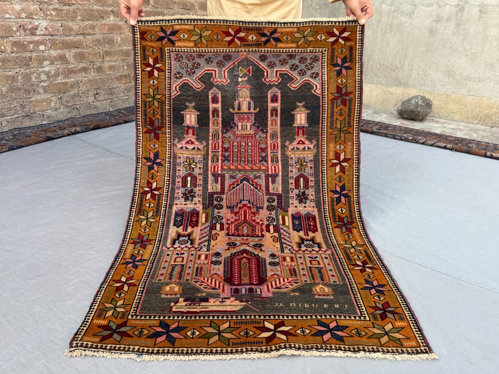 Antique Afghan Hand Knotted Wool Mosque Design Tribal Rug Rare Vintage Area Rug gallery