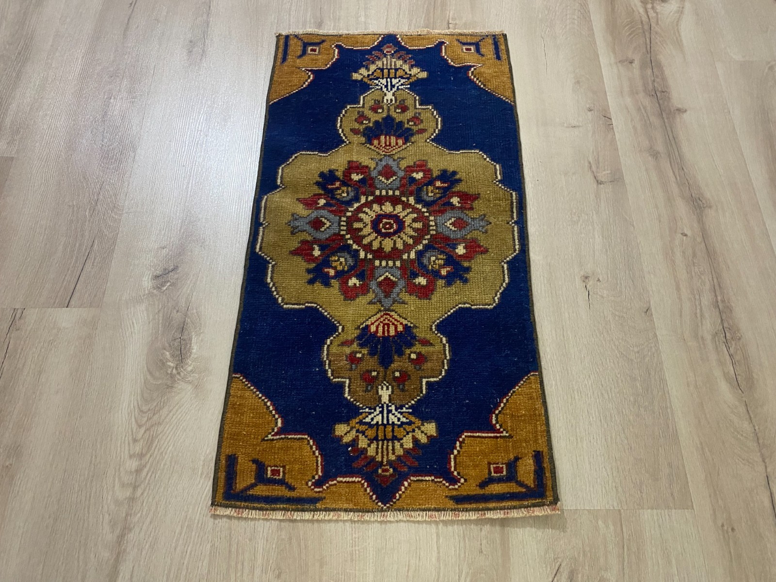 Vintage Turkish Hand Knotted Wool Runner Rug 1.3x2.6 Ft Blue Anatolian Rug gallery