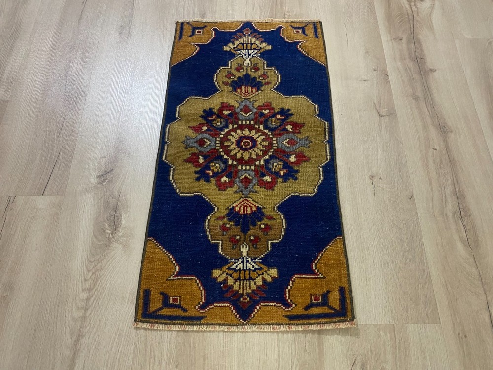 Vintage Turkish Hand Knotted Wool Runner Rug 1.3x2.6 Ft Blue Anatolian Rug
