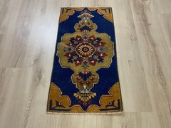 Vintage Turkish Hand Knotted Wool Runner Rug 1.3×2.6 Ft Blue Anatolian Rug