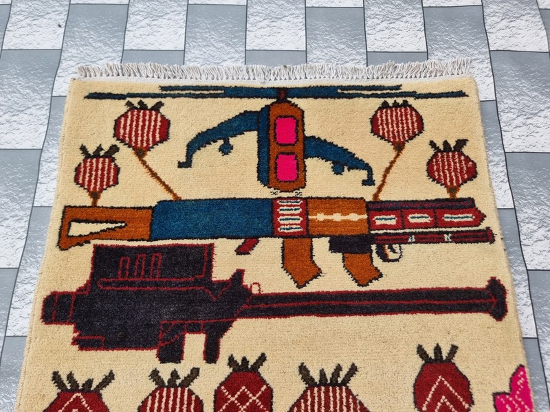Afghan Hand Opium Flower War Rug Tribal Wool With Knotted Wall Hanging Rug gallery