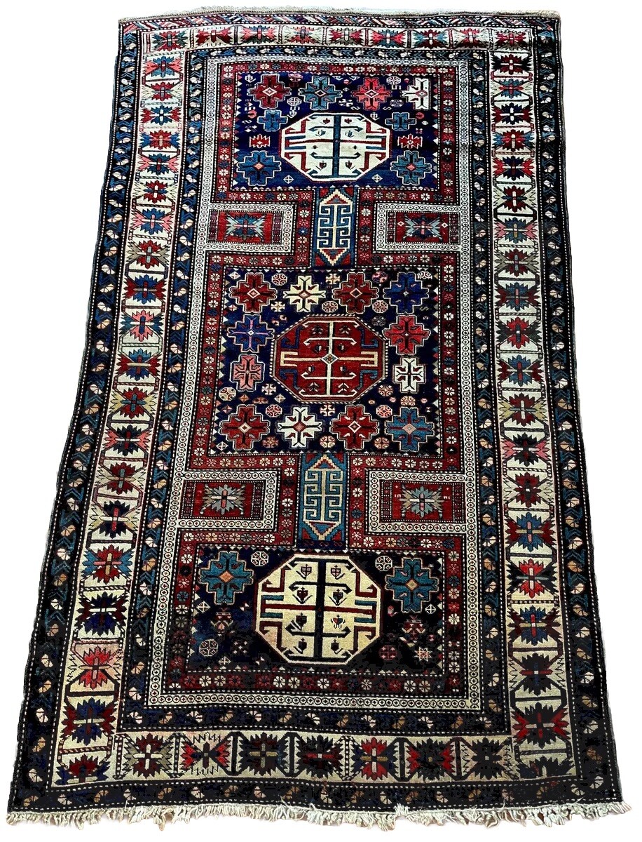 Fine Antique 4 X 7 Caucasian Konagkend Kuba Shirvan Rug Navy Crimson Ivory Rose gallery