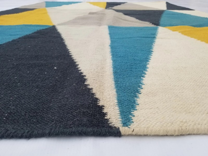 Vintage Handmade Traditional Geometric Black Beige Kilim Rug Carpet 6.4x4.6ft gallery
