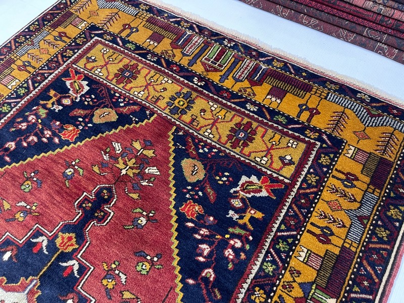 Turkish Hand Knotted Wool Rug 4x7 Vintage 1960s Antique Red Gold Medallion Rug gallery