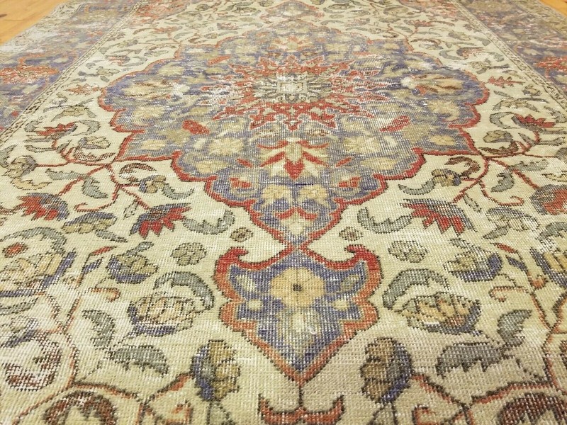 Primitive Antique Cr1900-1939's Ivory-Gold Color Wool Pile Tribal Rug 4’4”x 7’ gallery