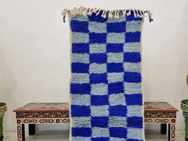 Moroccan Handmade Beni Ourain Runner 2'1x7'2 Berber Checkered Blue Wool Carpet gallery