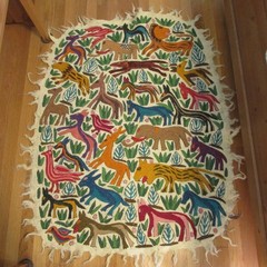 Vintage Kashmiri wool felt Namda embroidered rug, 44″x35″ rectangle animal figs
