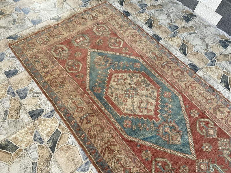 1970s Geometric Turkish Vintage Area, Tribal Handmade Anatolian Rug 3.3x7.5 ft gallery