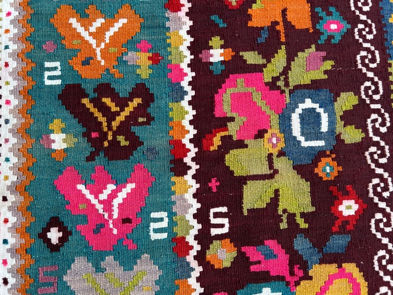 3x6'10 ft Vintage Caucasian Kilim Flatweave Wool Floral Botanical Two Panel Rug gallery
