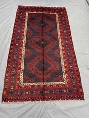 3’11×7 ft Vintage Afghan Baluchi Hand-Knotted Dark Red & Brown Geometric Rug