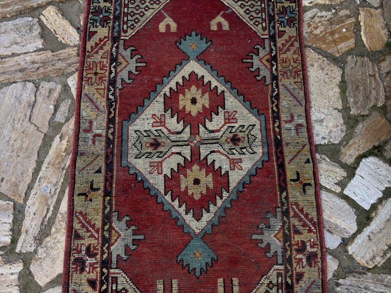 Hand-Knotted Vintage Geometric Carpet 2x5 Red Wool Medium Size Bedroom Rug gallery