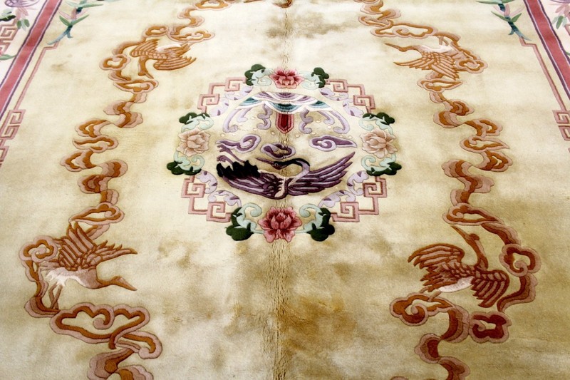 9X12 VINTAGE HAND KNOTTED VEGETABLE DYE PLUSH WOOL RARE MING CRANES CHINESE RUG gallery