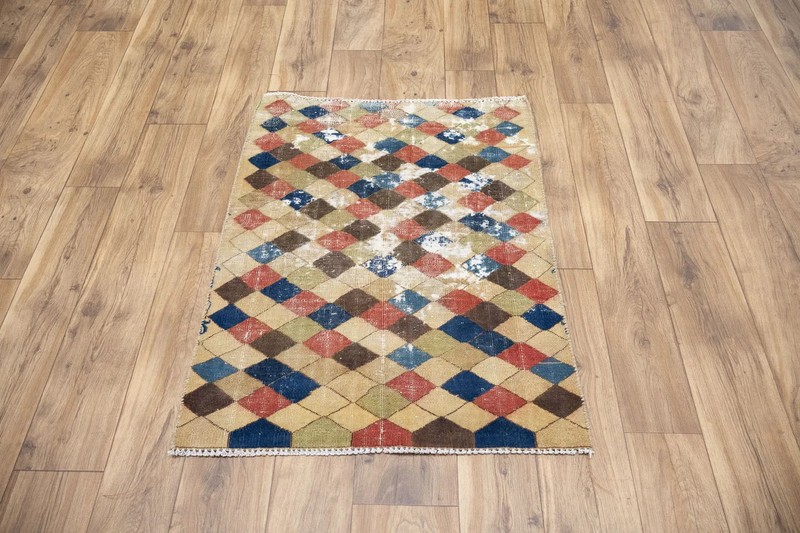 Semi-Antique Distressed Geometric Oriental Rug Handmade Wool Small Carpet 2x3 Ft gallery