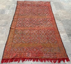 Vintage Handmade Kilim: Moroccan Sabra Kelim, Wool Area Carpet 4×8 ft