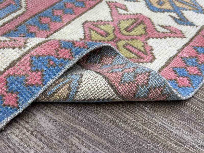 3x5 Pink Blue White Vintage Turkish Rug, Hand-Knotted Wool Rug, Small Oushak Rug gallery
