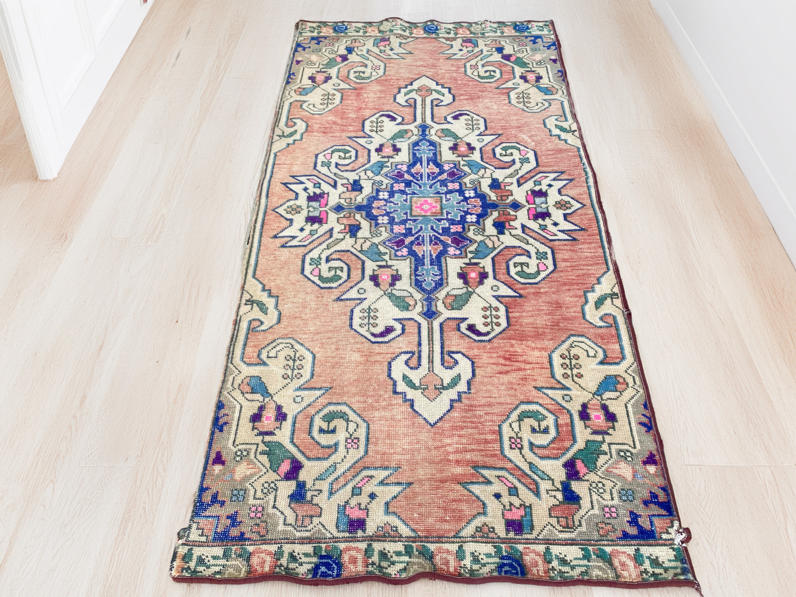 3x7 ft Vintage Turkish Area Rug Red Blue Oriental Anatolian Medallion Floral Rug gallery