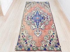 3×7 ft Vintage Turkish Area Rug Red Blue Oriental Anatolian Medallion Floral Rug