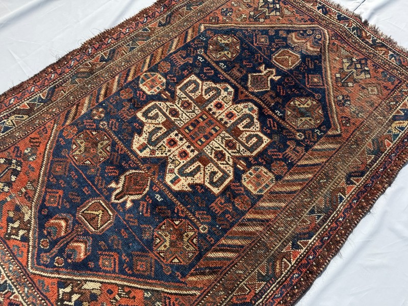 1920s Terracotta Muted Caucasian Red Rug 4x5 Blue Geometric Faded Persian Carpet gallery