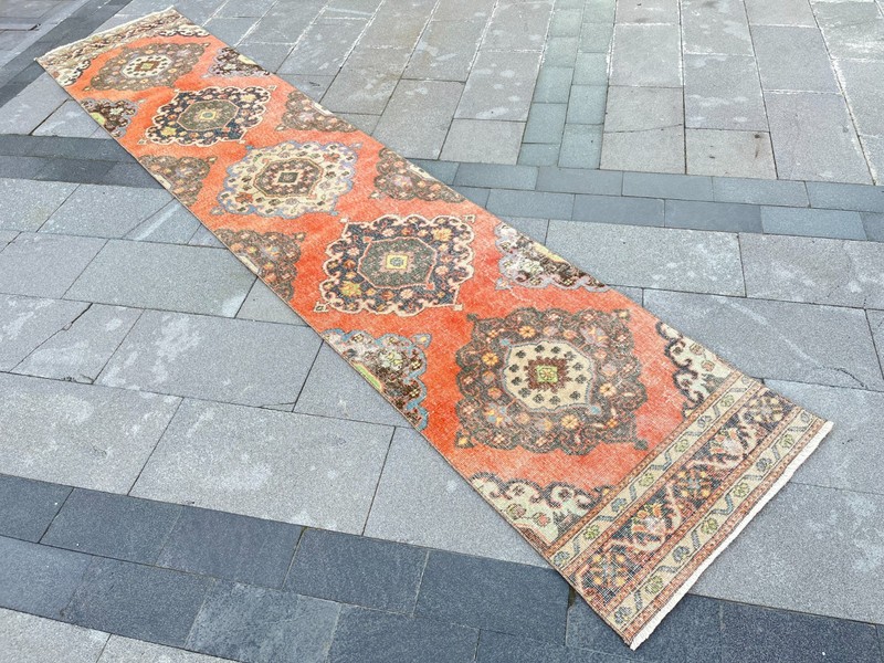 Vintage Turkish Oushak Runner Rug 2.4x12.4 Ft Coral Medallion Wool gallery