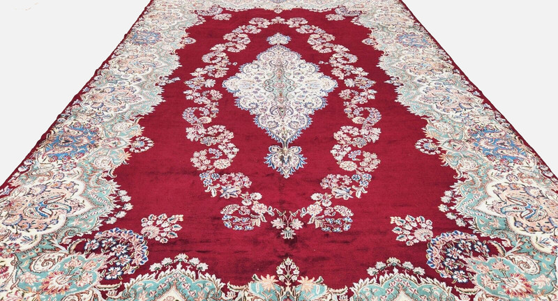 8'10'X16'7 ANTIQUE HAND-KNOTTED KERMANI KASHANI VINTAGE WOOL RED RUG gallery