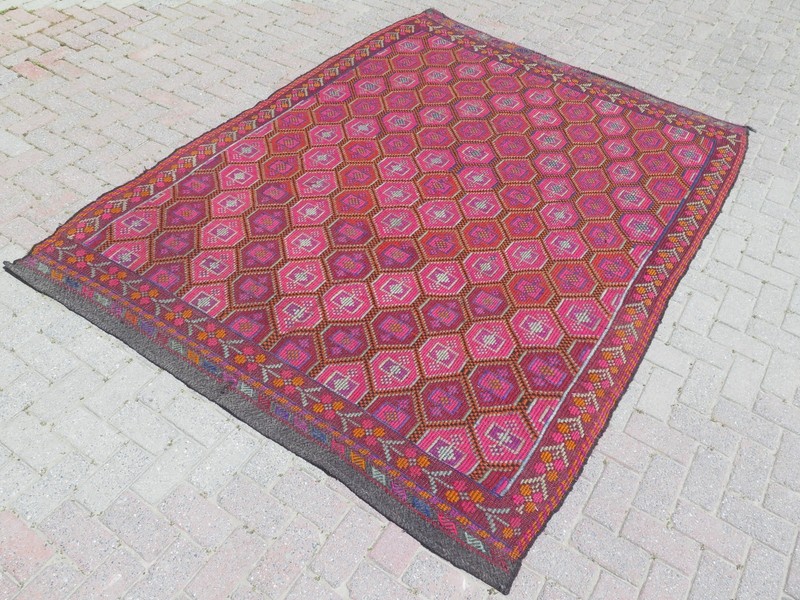 Turkish Kilim, Embroidery Wool Large Rug, Pink Color Handmade Carpet 75"x108" gallery