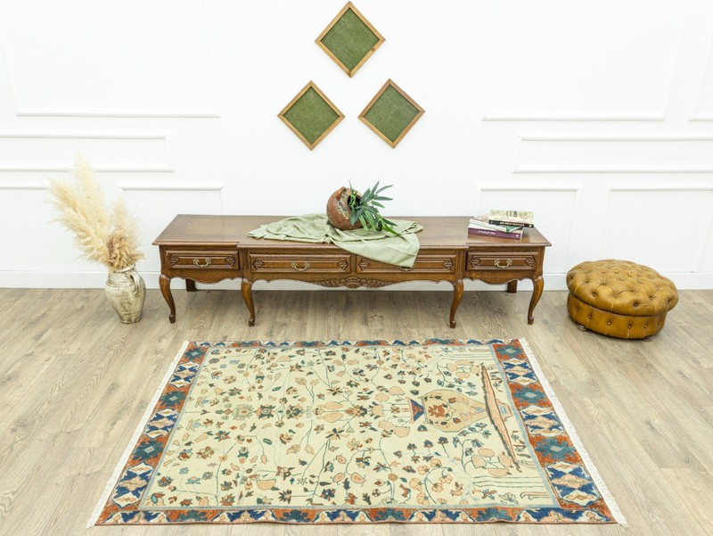 Handmade Turkish Oushak Rug – Vintage Wool Carpet Beige Rust Blue 4'4''x6'3'' gallery