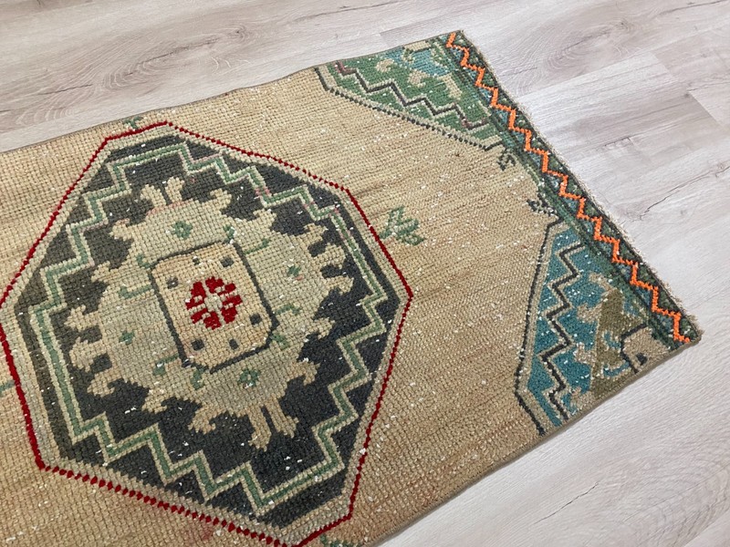 Vintage Turkish Handmade Wool Tribal Runner Rug Beige Anatolian Carpet 1.9x3.3ft gallery