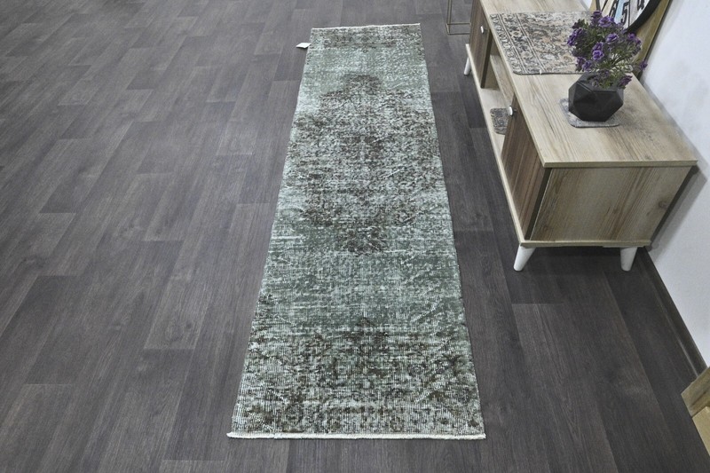 Vintage Turkish Runner Rug 2x8ft GREEN Handmade Anatolian Oushak Hallway Wool gallery