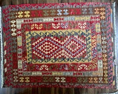 Vintage ABC Carpet Home Kilim Rug 5×7 Reversible Tribal Flat-Weave Red 90s Style