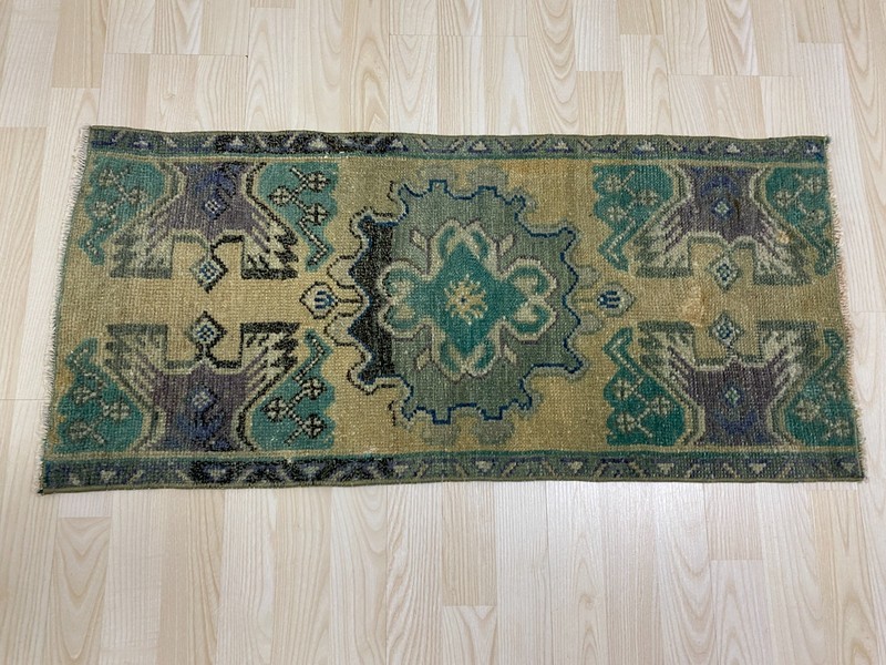 Antique Turkish Rug 1.5x3.3 ft Vintage Muted Green Purple Carpet Wool Boho Mat gallery