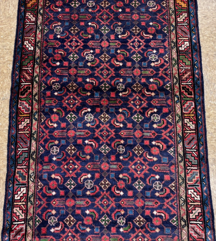 Vintage Hamedan Runner Rug 4x10 Hand Knotted Wool Navy Blue Tribal Oriental gallery
