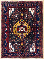 5×8 Vintage Hand Knotted Wool Nahavand Rug Navy Gold Tribal Bird Oriental Carpet