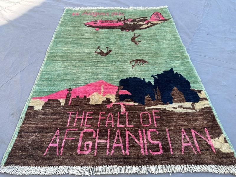 2'7x3'9 Afghan War Rug Hand Knotted Wool Tribal Oushak Boho Military Art Carpet gallery
