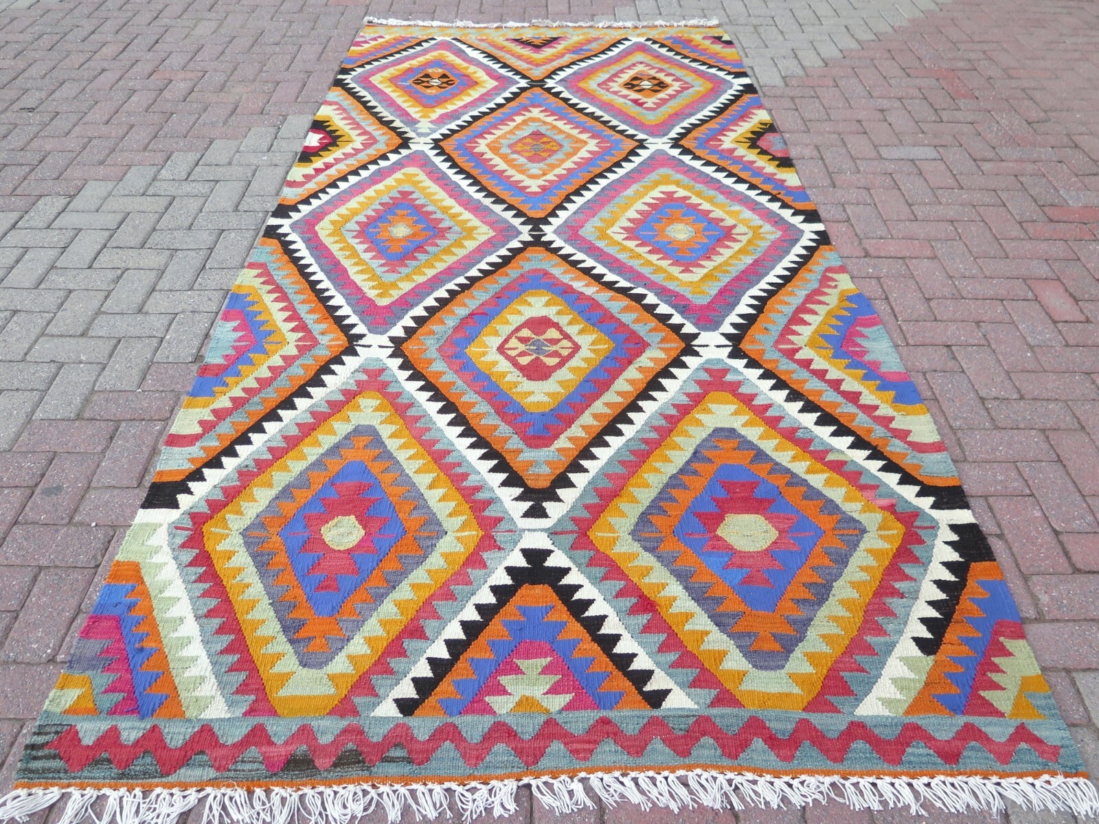 Turkish Kilim Area Rugs, Handmade Floor Carpet, Blue Wool Large Kelim 63"x133" gallery