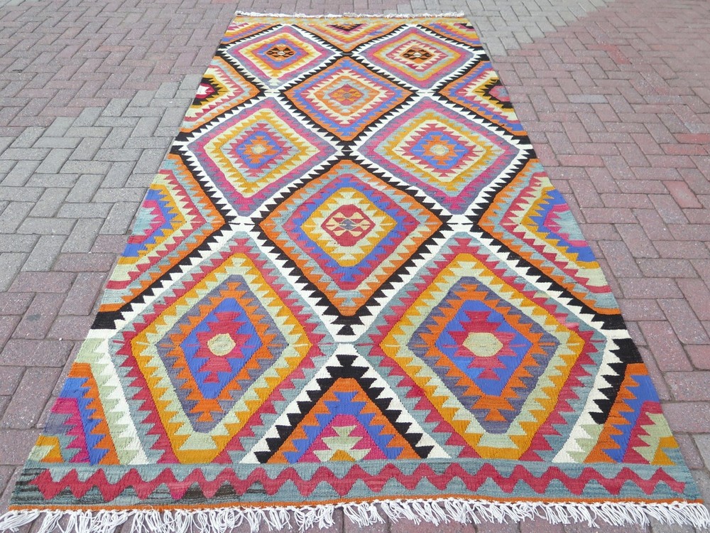 Turkish Kilim Area Rugs, Handmade Floor Carpet, Blue Wool Large Kelim 63"x133"