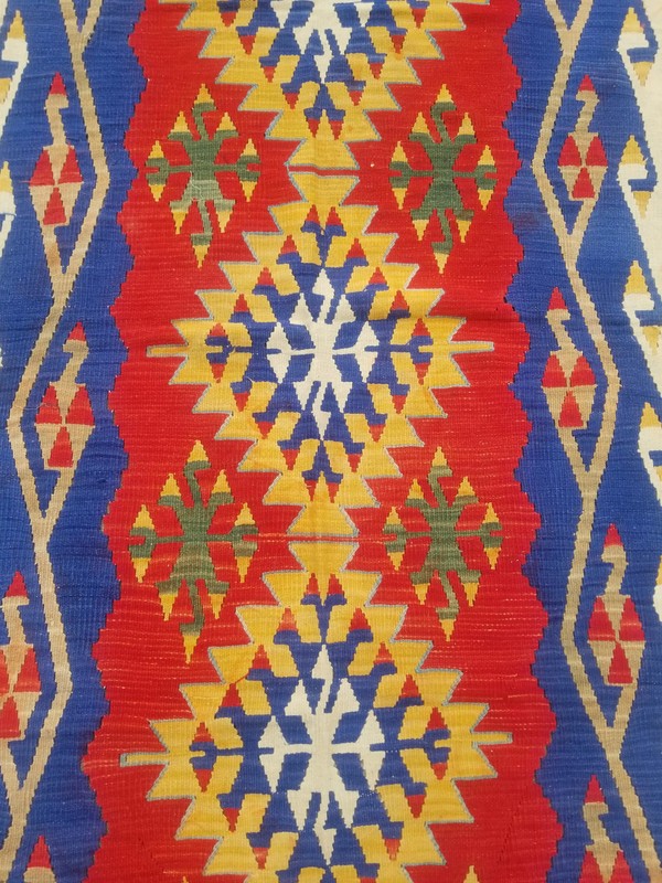 Vintage Traditional Handmade Turkish Tribal Wool Blue Kilim Rug 7.2x4.6ft gallery